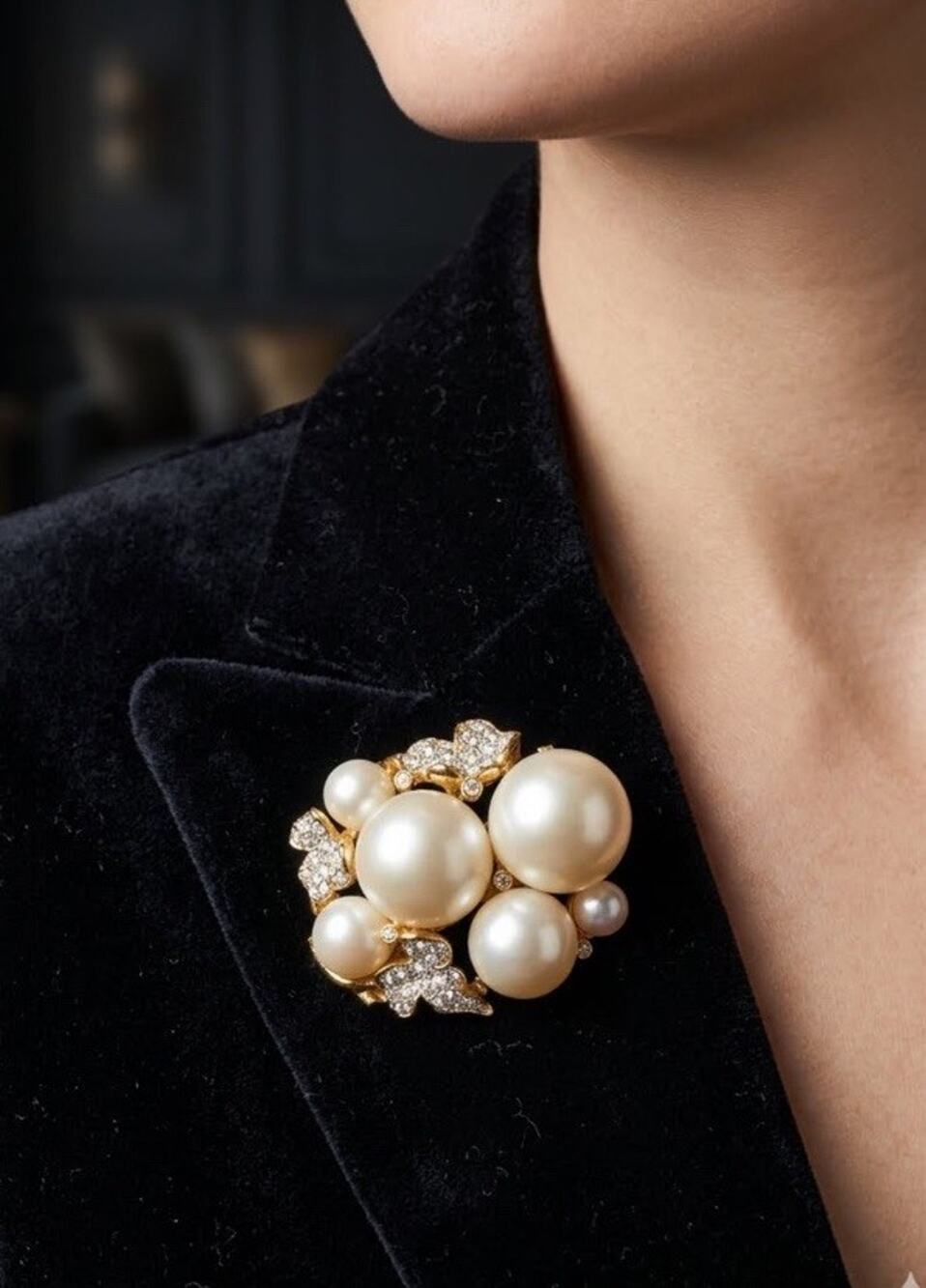 Vtg Signed CRAFT Gold Tone Faux Pearl Rhinestone Leaf Cluster Brooch Pin 2" L3